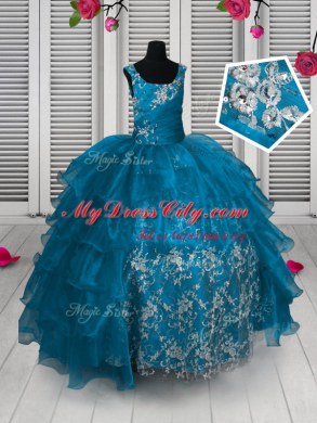 Aqua Blue Ball Gowns Straps Sleeveless Organza Floor Length Lace Up Appliques and Ruffled Layers Winning Pageant Gowns