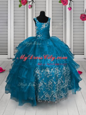 Aqua Blue Ball Gowns Straps Sleeveless Organza Floor Length Lace Up Appliques and Ruffled Layers Winning Pageant Gowns
