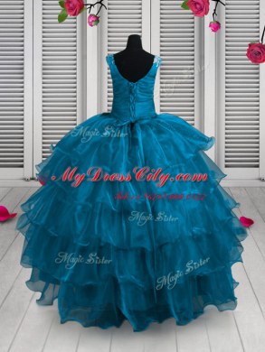 Aqua Blue Ball Gowns Straps Sleeveless Organza Floor Length Lace Up Appliques and Ruffled Layers Winning Pageant Gowns