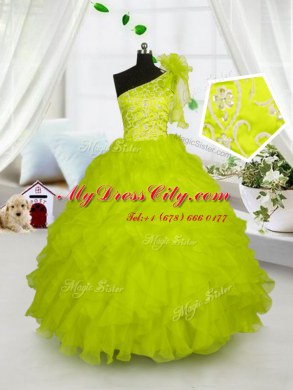 Fashionable Yellow Green Lace Up One Shoulder Embroidery and Ruffles Custom Made Pageant Dress Organza Sleeveless