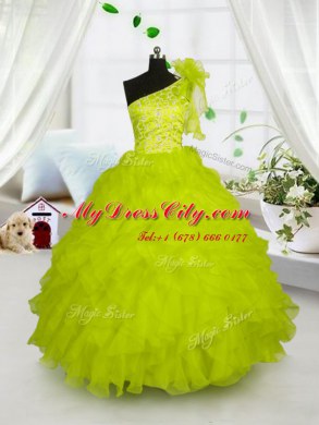 Fashionable Yellow Green Lace Up One Shoulder Embroidery and Ruffles Custom Made Pageant Dress Organza Sleeveless