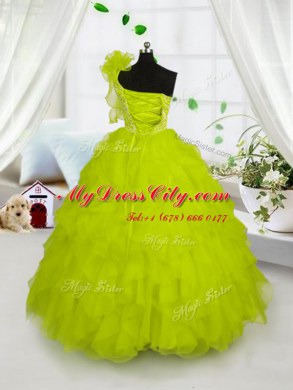 Fashionable Yellow Green Lace Up One Shoulder Embroidery and Ruffles Custom Made Pageant Dress Organza Sleeveless