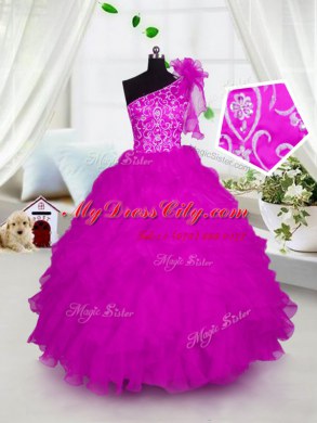 One Shoulder Floor Length Hot Pink Pageant Dress Womens Organza Short Sleeves Appliques and Ruffles