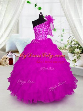 One Shoulder Floor Length Hot Pink Pageant Dress Womens Organza Short Sleeves Appliques and Ruffles