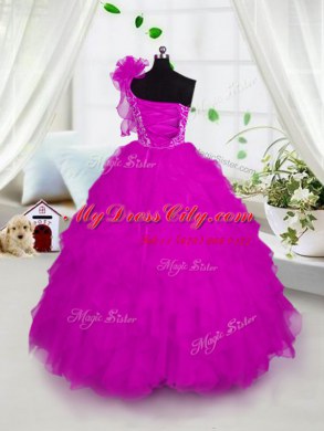 One Shoulder Floor Length Hot Pink Pageant Dress Womens Organza Short Sleeves Appliques and Ruffles