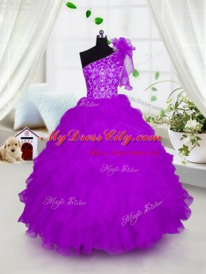 Floor Length Fuchsia Party Dress Wholesale One Shoulder Short Sleeves Lace Up