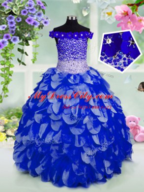 Off the Shoulder Floor Length Royal Blue Winning Pageant Gowns Organza Sleeveless Beading and Hand Made Flower