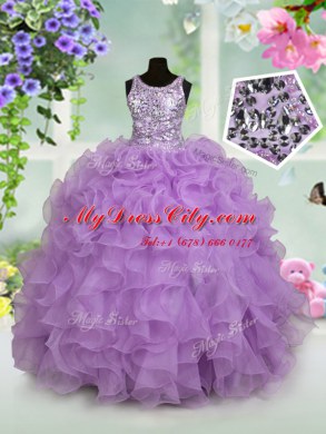 Scoop Lavender Zipper Pageant Dress Womens Ruffles and Sequins Sleeveless Floor Length