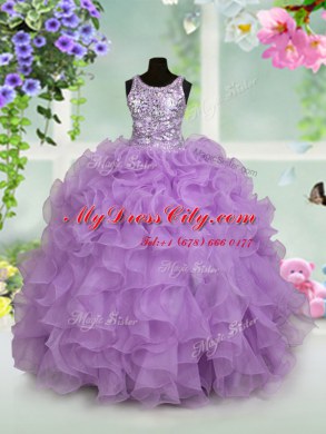 Scoop Lavender Zipper Pageant Dress Womens Ruffles and Sequins Sleeveless Floor Length