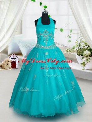 Halter Top Aqua Blue Tulle Lace Up Winning Pageant Gowns Sleeveless Floor Length Appliques