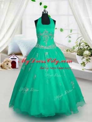 Halter Top Tulle Sleeveless Floor Length Party Dress for Toddlers and Appliques