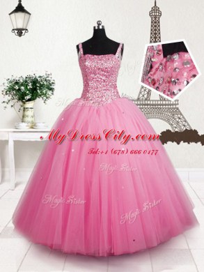 Baby Pink Tulle Lace Up Straps Sleeveless Floor Length Party Dress Wholesale Beading and Sequins