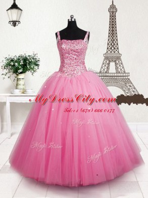 Baby Pink Tulle Lace Up Straps Sleeveless Floor Length Party Dress Wholesale Beading and Sequins