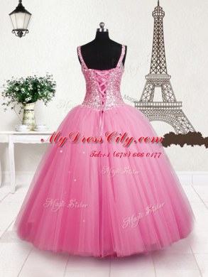 Baby Pink Tulle Lace Up Straps Sleeveless Floor Length Party Dress Wholesale Beading and Sequins
