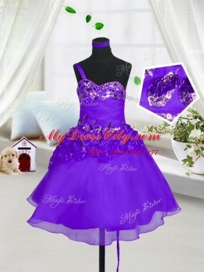 Latest Eggplant Purple Lace Up Pageant Dress Beading and Hand Made Flower Sleeveless Knee Length