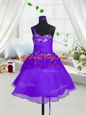 Latest Eggplant Purple Lace Up Pageant Dress Beading and Hand Made Flower Sleeveless Knee Length