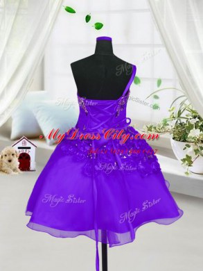 Latest Eggplant Purple Lace Up Pageant Dress Beading and Hand Made Flower Sleeveless Knee Length