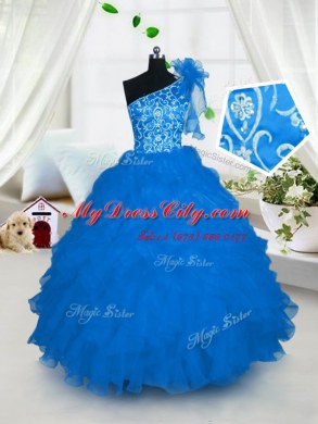 One Shoulder Aqua Blue Sleeveless Floor Length Embroidery and Ruffles Lace Up Pageant Dress for Girls