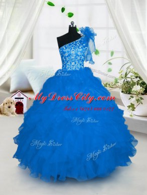 One Shoulder Aqua Blue Sleeveless Floor Length Embroidery and Ruffles Lace Up Pageant Dress for Girls