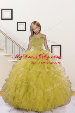 Light Yellow Halter Top Neckline Beading and Ruffles Pageant Dress Womens Sleeveless Lace Up