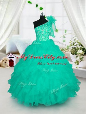 One Shoulder Sleeveless Floor Length Embroidery and Ruffles Lace Up Kids Formal Wear with Turquoise