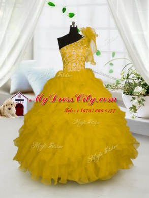Elegant Gold Side Zipper One Shoulder Embroidery and Ruffles Custom Made Organza Sleeveless