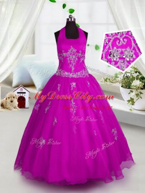 Fuchsia Girls Pageant Dresses Party and Wedding Party and For with Appliques Halter Top Sleeveless Lace Up