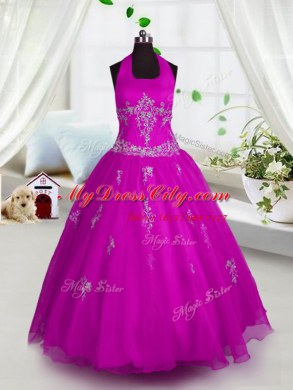Fuchsia Girls Pageant Dresses Party and Wedding Party and For with Appliques Halter Top Sleeveless Lace Up