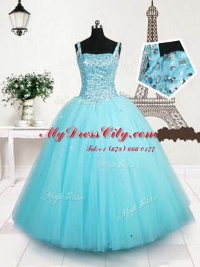 Beading and Sequins Pageant Dress Womens Light Blue Lace Up Sleeveless Floor Length