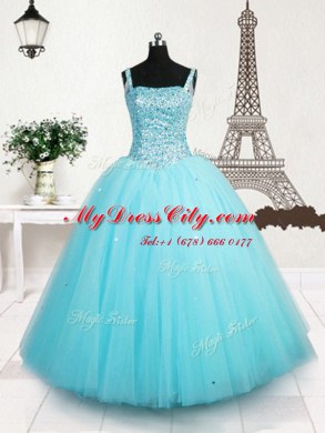 Beading and Sequins Pageant Dress Womens Light Blue Lace Up Sleeveless Floor Length