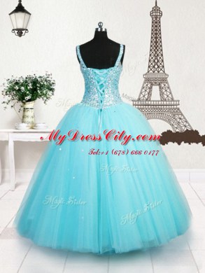 Beading and Sequins Pageant Dress Womens Light Blue Lace Up Sleeveless Floor Length