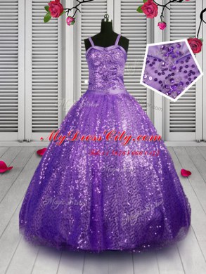 Fantastic Sequins Floor Length Ball Gowns Sleeveless Lavender Pageant Dress for Womens Lace Up