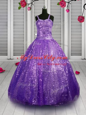 Fantastic Sequins Floor Length Ball Gowns Sleeveless Lavender Pageant Dress for Womens Lace Up