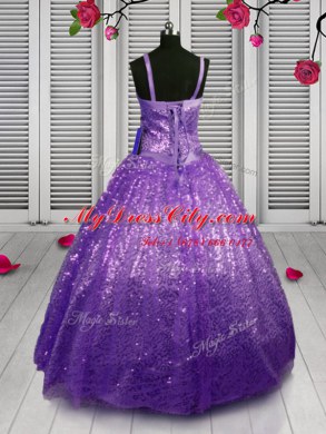 Fantastic Sequins Floor Length Ball Gowns Sleeveless Lavender Pageant Dress for Womens Lace Up