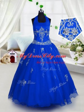 Popular Blue Party Dress Wholesale Party and Wedding Party and For with Appliques Halter Top Sleeveless Lace Up