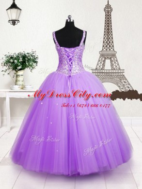 Straps Sleeveless Tulle Evening Gowns Beading and Sequins Lace Up