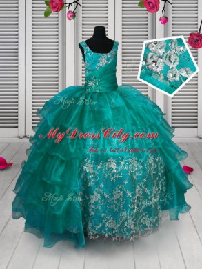 Ruffled Straps Sleeveless Lace Up Little Girls Pageant Dress Turquoise Organza