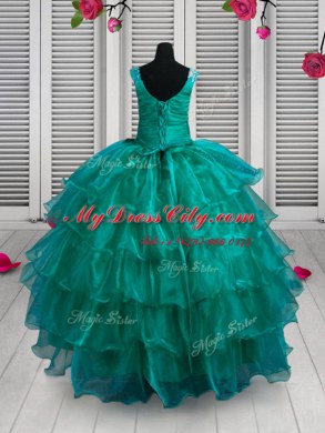 Ruffled Straps Sleeveless Lace Up Little Girls Pageant Dress Turquoise Organza