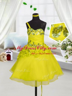 Mini Length Lace Up Party Dress Wholesale Yellow for Party and Wedding Party with Beading and Appliques and Hand Made Flower