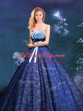 Gorgeous Sweetheart Sleeveless 15th Birthday Dress Appliques and Bowknot Royal Blue Lace