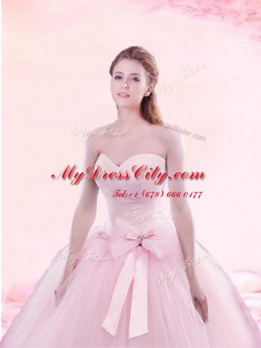 Modest Baby Pink Sweetheart Neckline Ruching and Bowknot Quinceanera Gowns Sleeveless Lace Up