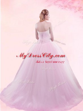 Modest Baby Pink Sweetheart Neckline Ruching and Bowknot Quinceanera Gowns Sleeveless Lace Up