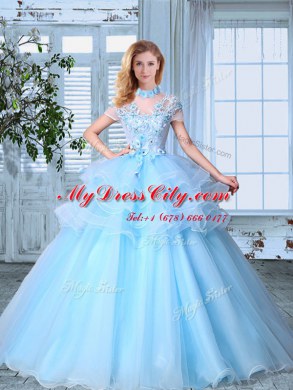 Enchanting SeeThrough Light Blue Lace Up High-neck Appliques and Ruffled Layers 15 Quinceanera Dress Organza Short Sleeves