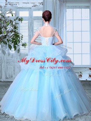 Enchanting SeeThrough Light Blue Lace Up High-neck Appliques and Ruffled Layers 15 Quinceanera Dress Organza Short Sleeves