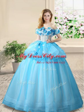 Baby Blue Organza Lace Up Off The Shoulder Sleeveless Floor Length Quinceanera Gown Beading and Appliques