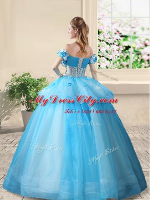 Baby Blue Organza Lace Up Off The Shoulder Sleeveless Floor Length Quinceanera Gown Beading and Appliques