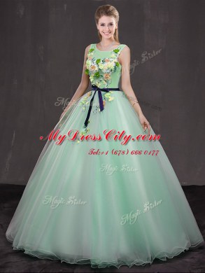 Deluxe Scoop Floor Length Lace Up Ball Gown Prom Dress Apple Green for Military Ball and Sweet 16 and Quinceanera with Appliques