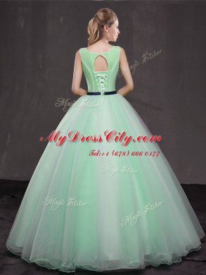 Deluxe Scoop Floor Length Lace Up Ball Gown Prom Dress Apple Green for Military Ball and Sweet 16 and Quinceanera with Appliques