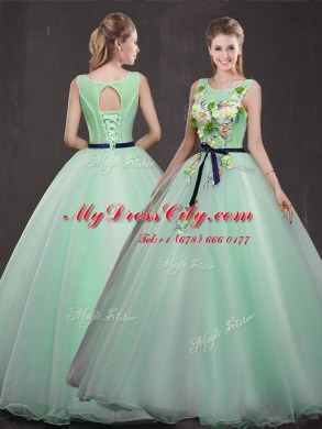 Deluxe Scoop Floor Length Lace Up Ball Gown Prom Dress Apple Green for Military Ball and Sweet 16 and Quinceanera with Appliques