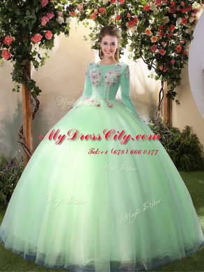 Scoop Long Sleeves Quinceanera Dress Floor Length Appliques Apple Green Tulle
